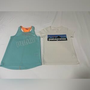 Patagonia White Short Sleeve Tee with Iconic Mountain Logo and Puma